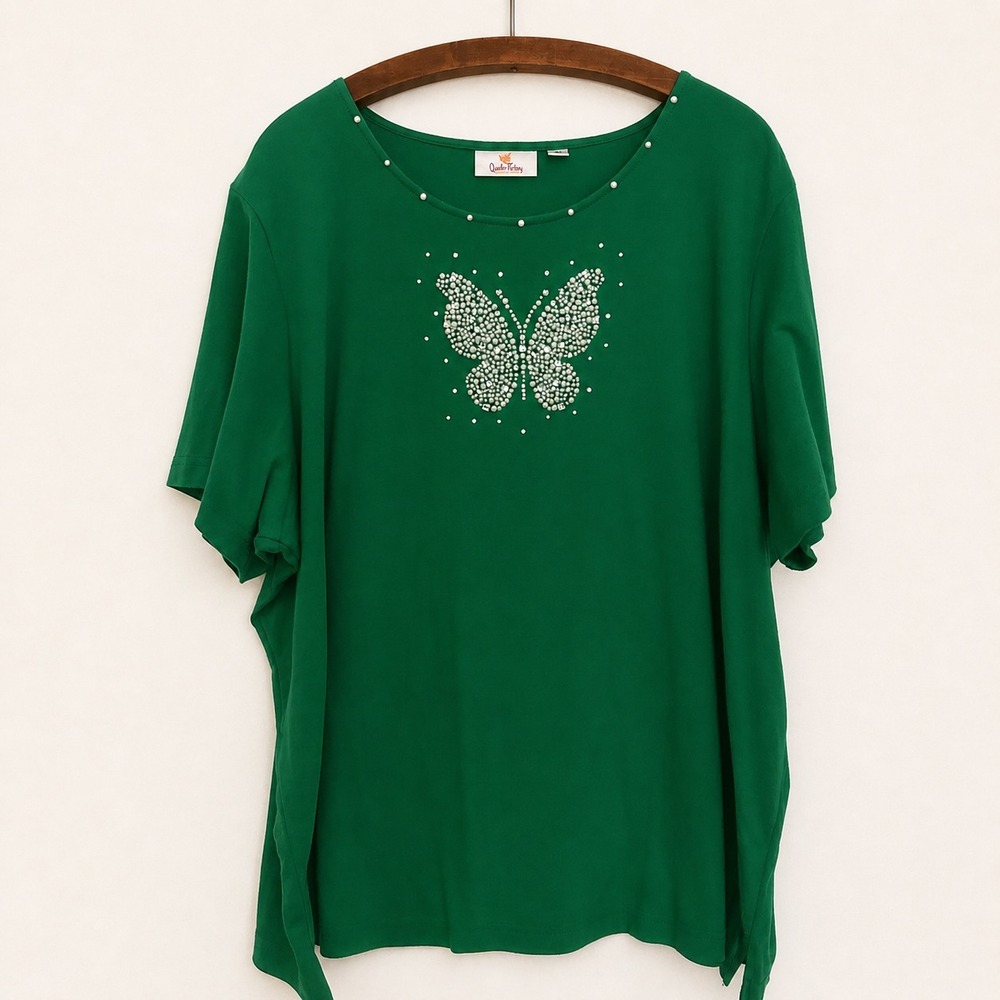 Quacker Factory Top Size 3X Knit Green Beaded & Pearl Butterfly T Artsy